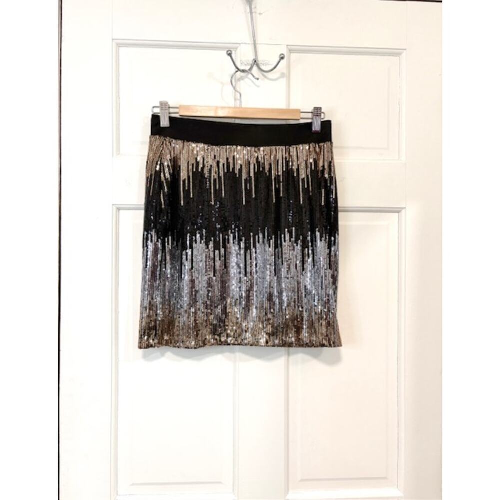 Bisou Bisou Sequin Mini Skirt Womens Sz S Black Gold Silver Ombre Stretchy Party - Picture 1 of 11